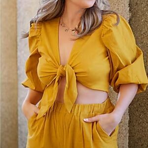 Yellow Flutter Sleeve Crop Blouse with Tie Front